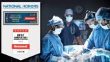 Team of surgeons performing an operation in a surgical theater, with an inset graphic that reads "National Honors, America's best ambulatory surgery centers 2021 and 2023" by Newsweek.