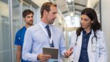 Three healthcare professionals walking in a hospital corridor, engaged in conversation. One male in formal attire is holding a tablet and talking to a female doctor, while another male in scrubs follows behind.
